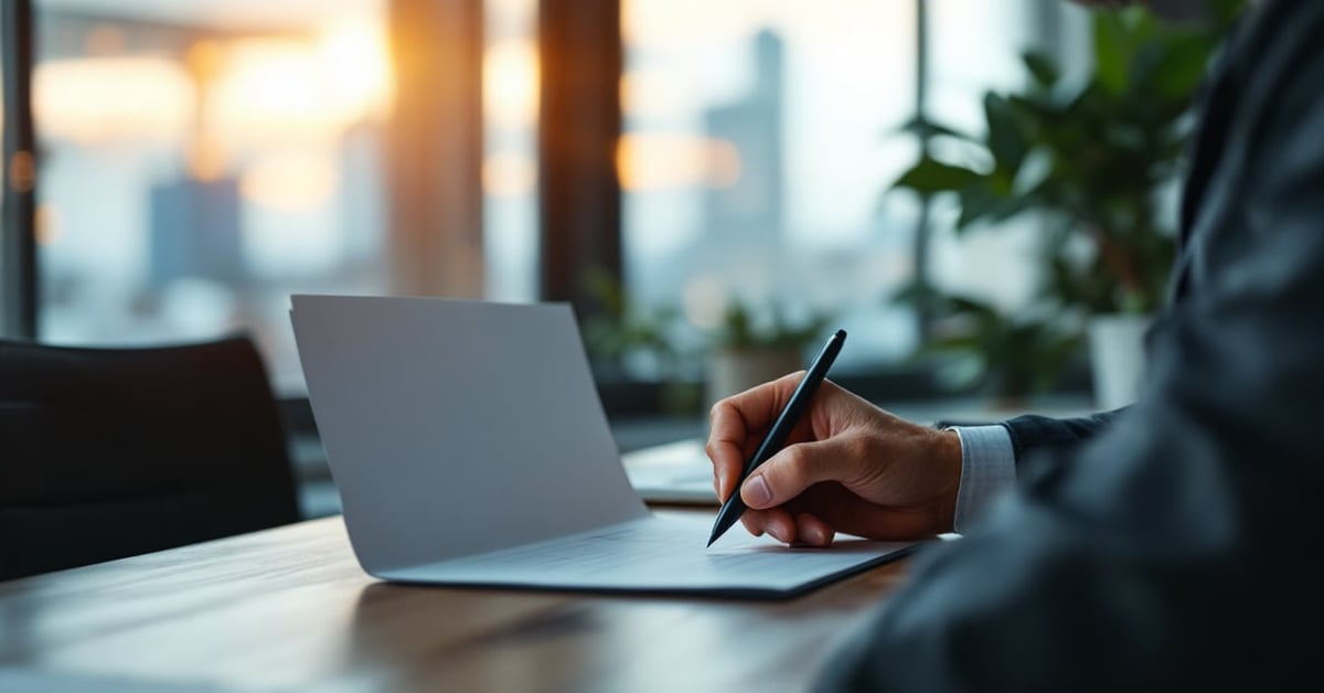 Entrepreneur travaillant sur un business plan avec documents et ordinateur sur un bureau