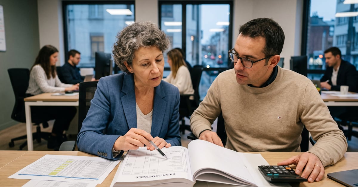 Bilan comptable avec documents financiers et chiffres sur un bureau professionnel moderne