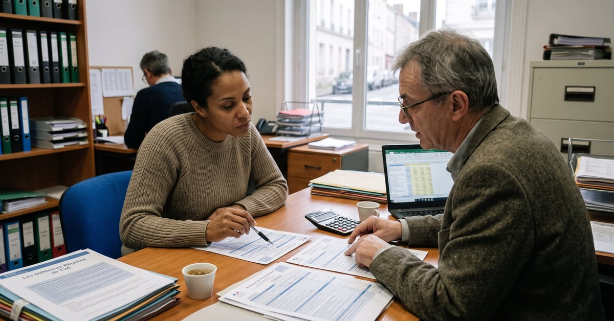 Documents de déclaration TVA avec différents régimes fiscaux sur un bureau professionnel