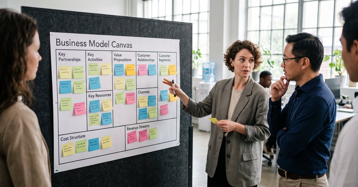 Modèle Canvas business plan structuré sur une table de travail moderne avec post-its colorés