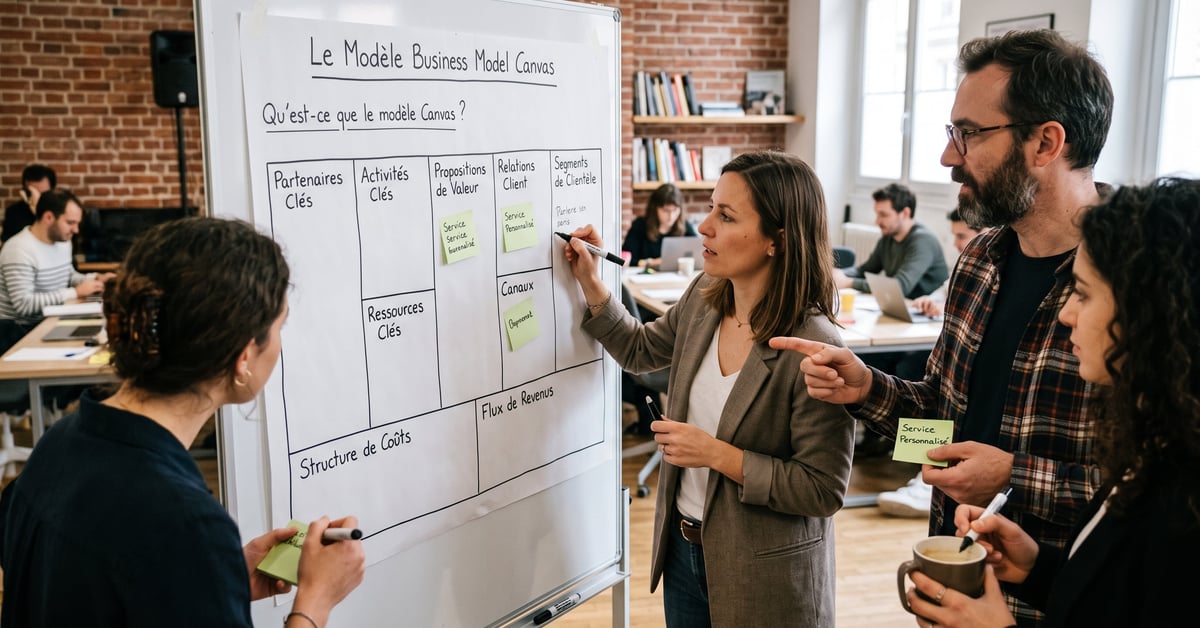 Modèle Canvas business plan structuré sur un tableau avec post-its colorés en atelier entrepreneuriat