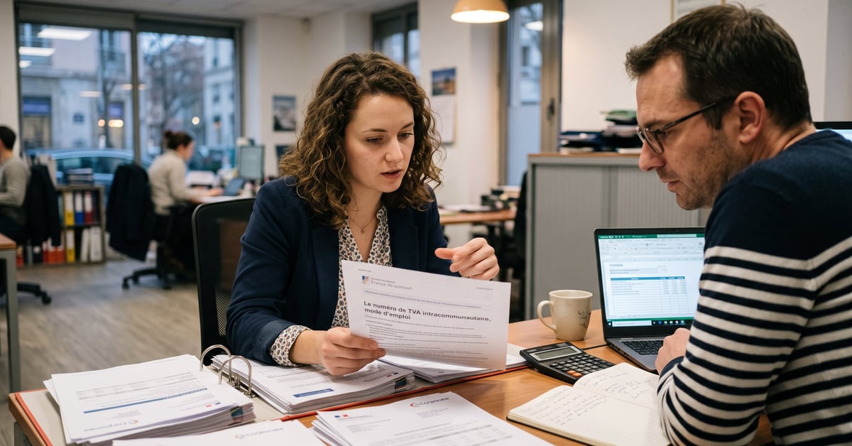 Documents de TVA intracommunautaire et formulaires administratifs sur un bureau professionnel