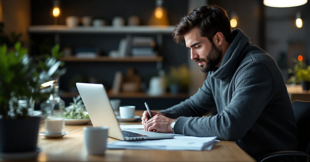 Auto-entrepreneur consultant sa facturation sur ordinateur portable, bureau moderne épuré