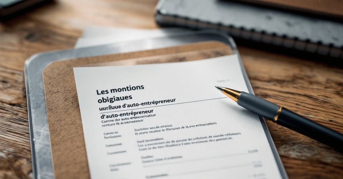 Facture auto-entrepreneur avec mentions obligatoires sur un bureau, stylo et documents comptables