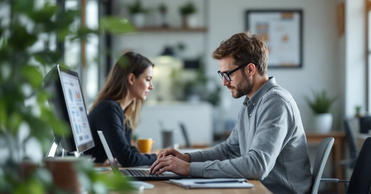Logiciels de gestion de projet affichés sur un écran d'ordinateur dans un bureau moderne