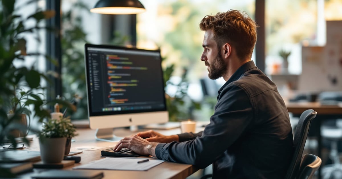 Équipe collaborant sur des logiciels de gestion de projet autour d'un bureau avec ordinateurs