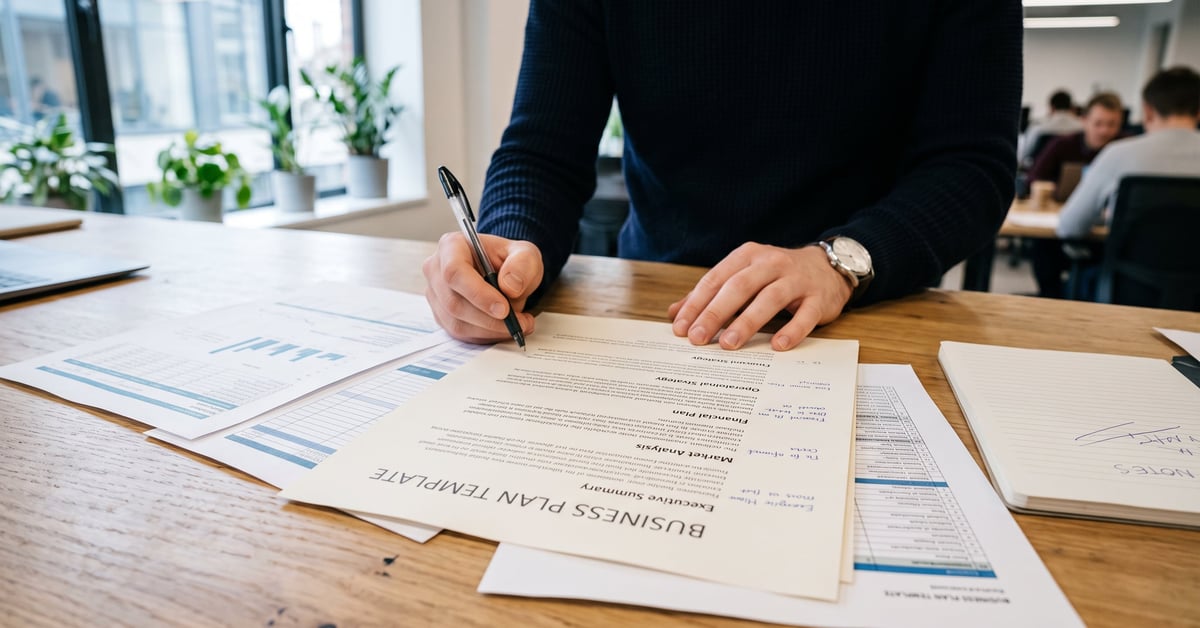 Modèle de business plan posé sur un bureau moderne avec documents et stylo