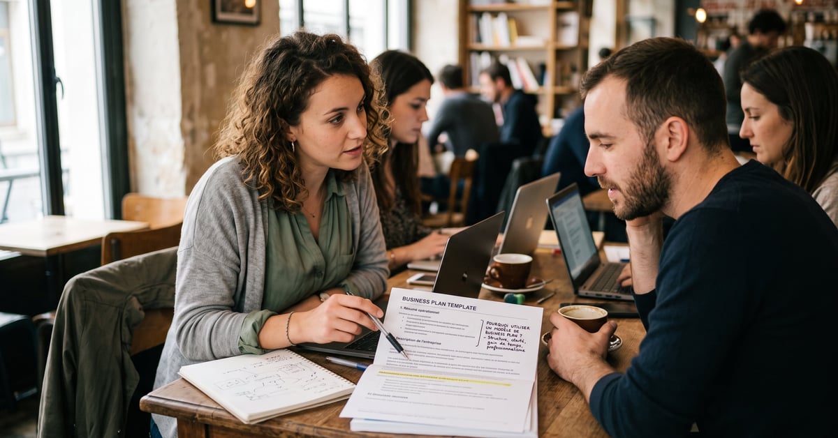 Entrepreneur consultant un modèle de business plan à son bureau pour structurer son projet