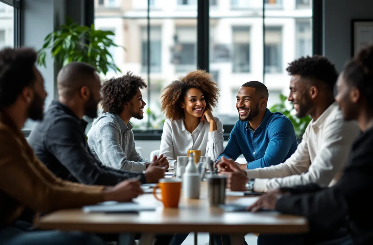 Des collègues aux profils variés échangent autour d'une table dans un bureau moderne