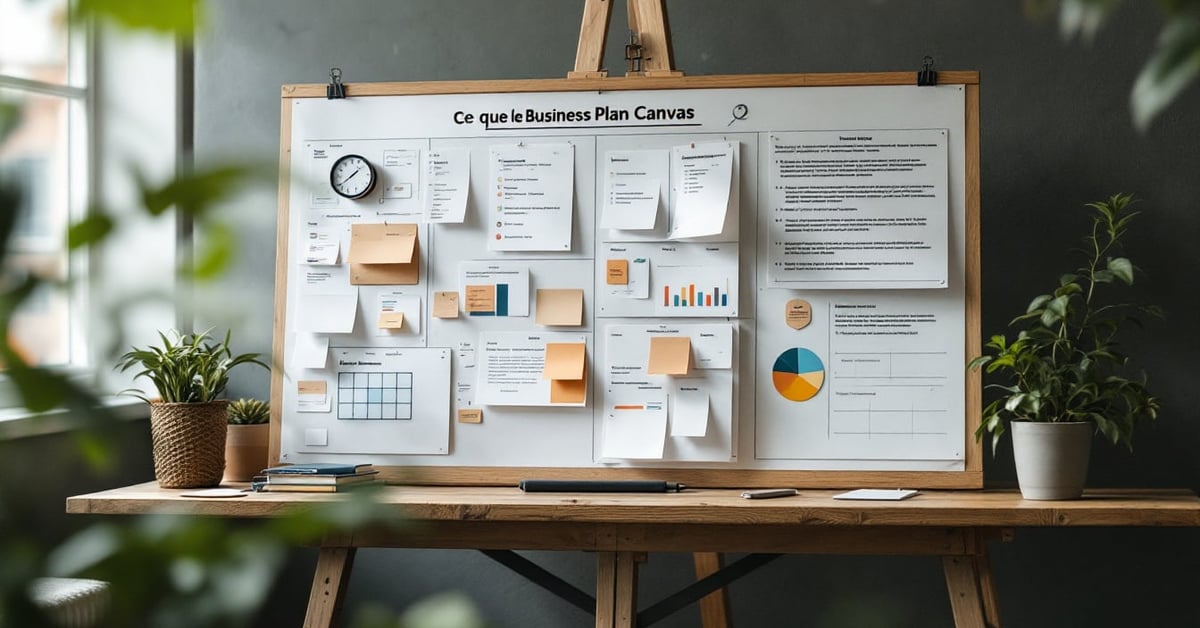 Entrepreneur analysant un business plan canvas sur une table de travail moderne