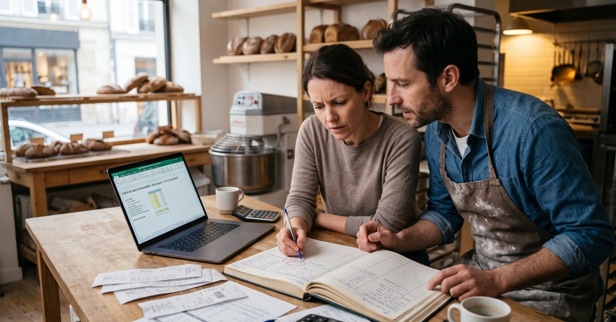 Entrepreneur analysant des données financières pour calculer un seuil de rentabilité