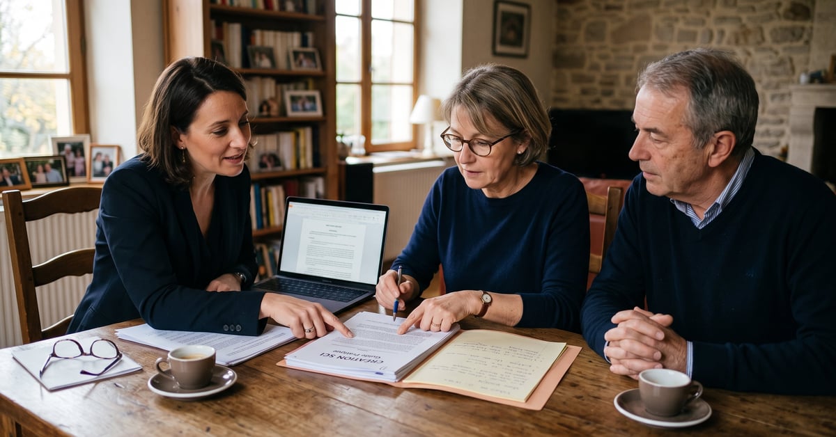 Associés signant les statuts d'une SCI autour d'une table avec documents juridiques